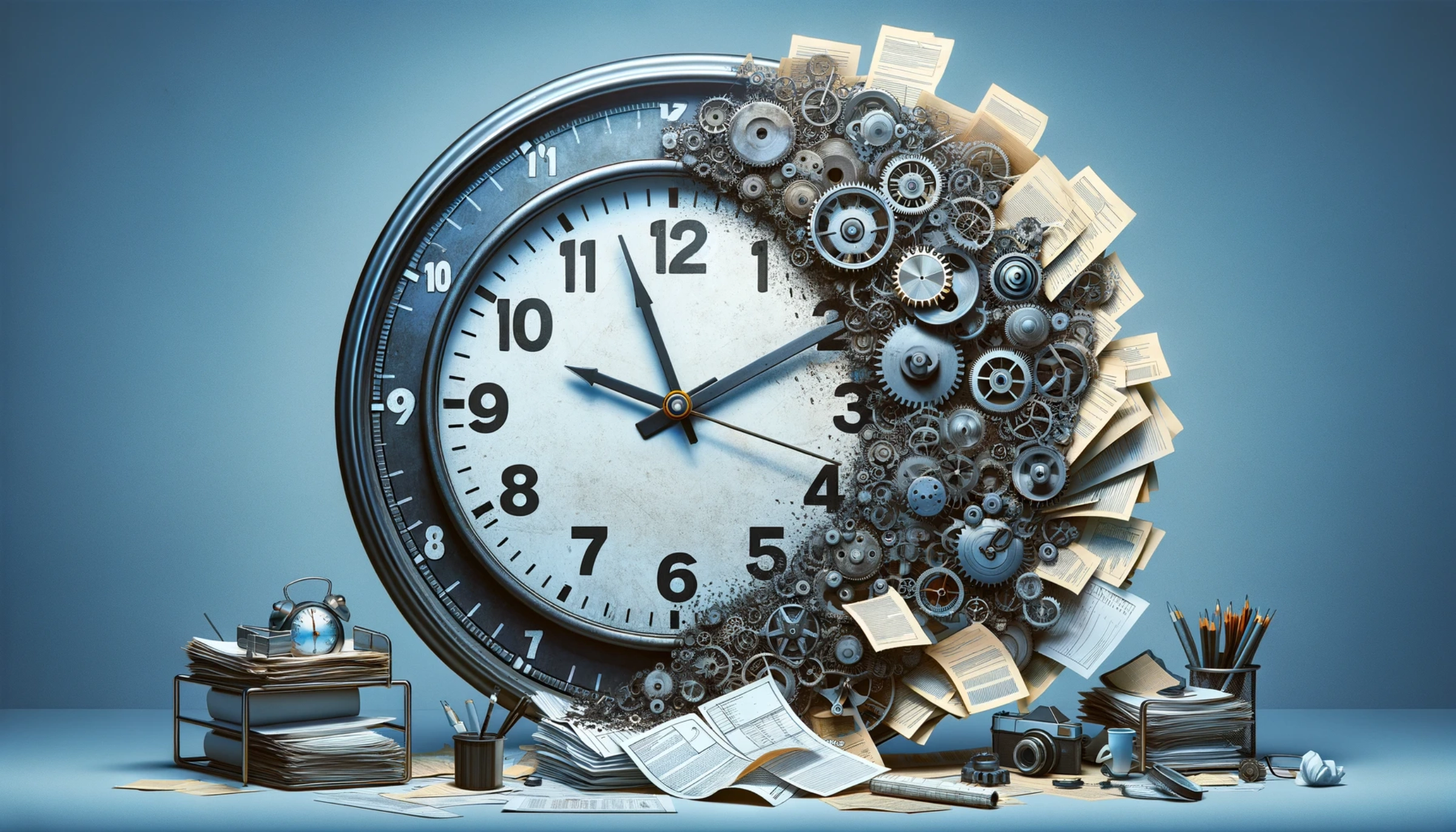 Repetitive tasks are shown consuming a large portion of a clock, symbolizing lost time.webp
