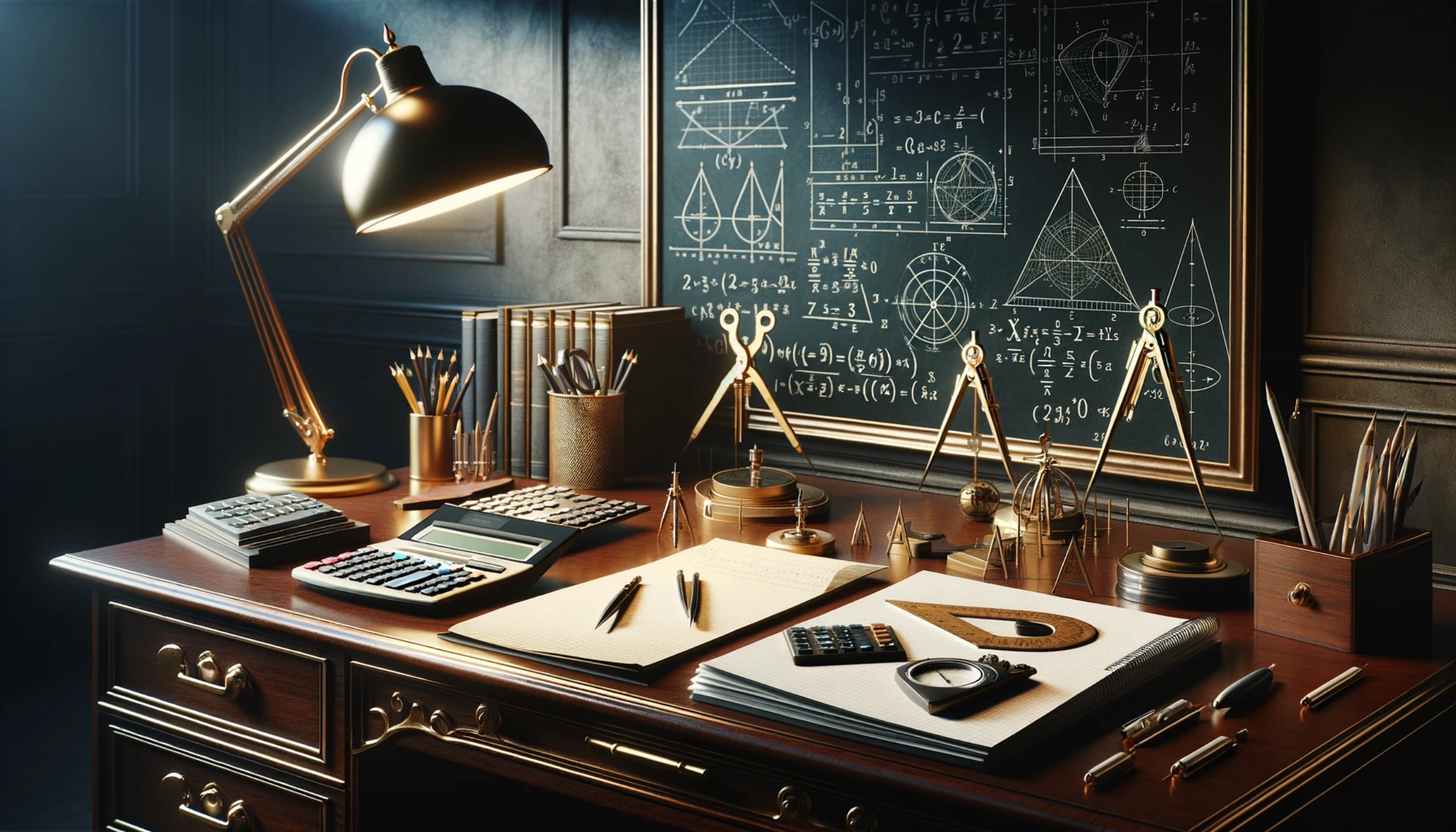 Visualized an elegant and sophisticated office space dominated by a large, polished wooden desk. On the desk, there's an array of mathematical tools.webp