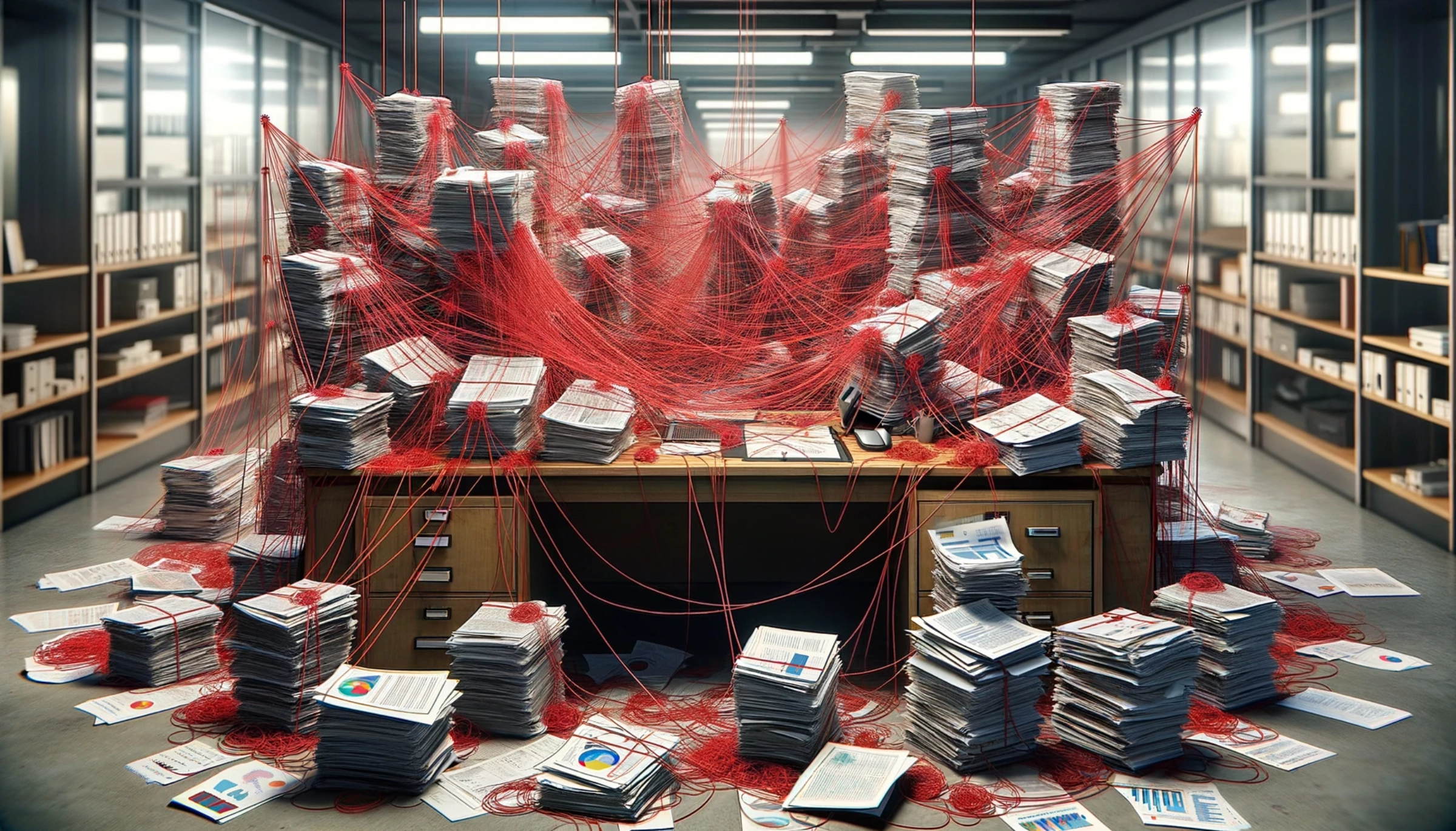Cluttered desk overwhelmed with stacks of reports and documents, each connected by a chaotic web of red strings, symbolizing intensely interlinked data.webp